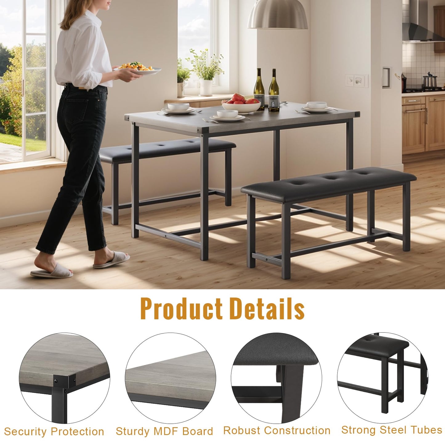 3 PSC Dining Table Set with 2 Upholstered Benches and 1 Table for 4, 44" Small Space Breakfast Nook Set, Kitchen Table with Tufted Upholstered Seats, Rustic Wood & Metal Frame, Easy Assembly