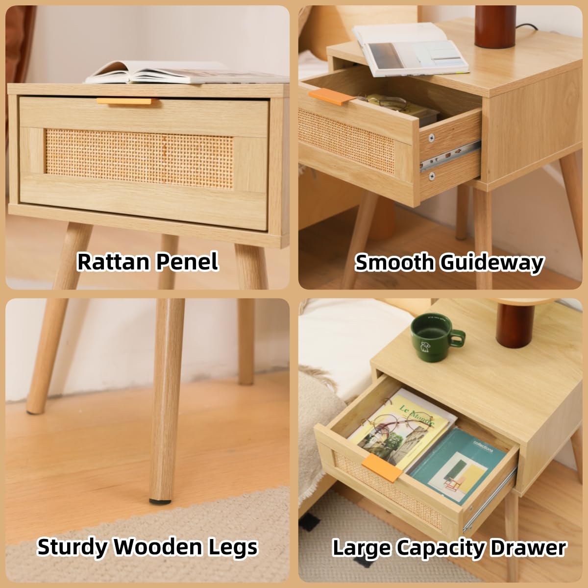 FUQARHY Rattan Nightstand Set of 2, Boho Side Table with Drawer, Mid Century Modern, End Table with Wood Legs for Bedroom, Dorm and Small Spaces