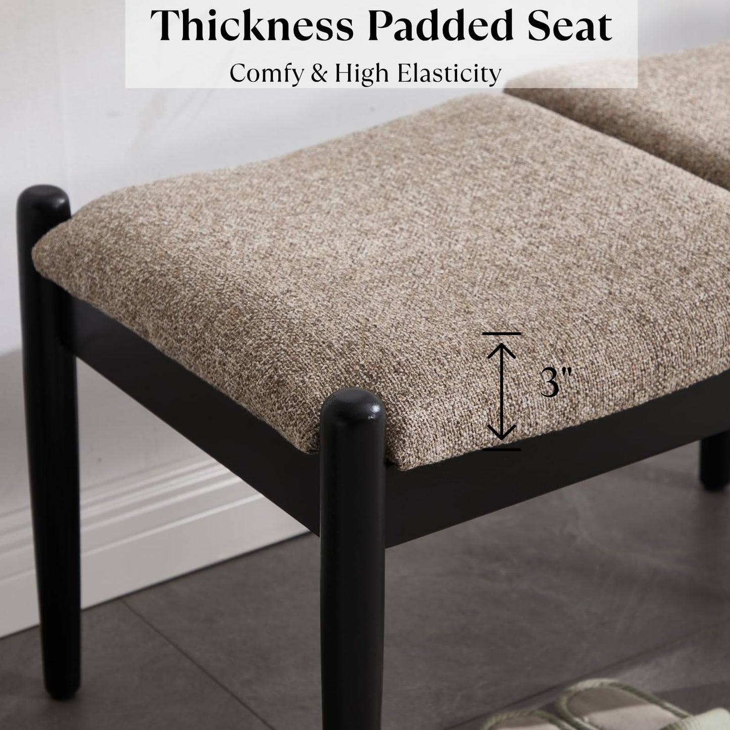 Ya-Home Modern Entryway Bench, Linen Upholstered Bedroom Bench End of Bed Bench, Window Bench with Padded Seat Black Wood Legs for Living Room/Dining Room, 54 Inches Long, Khaki