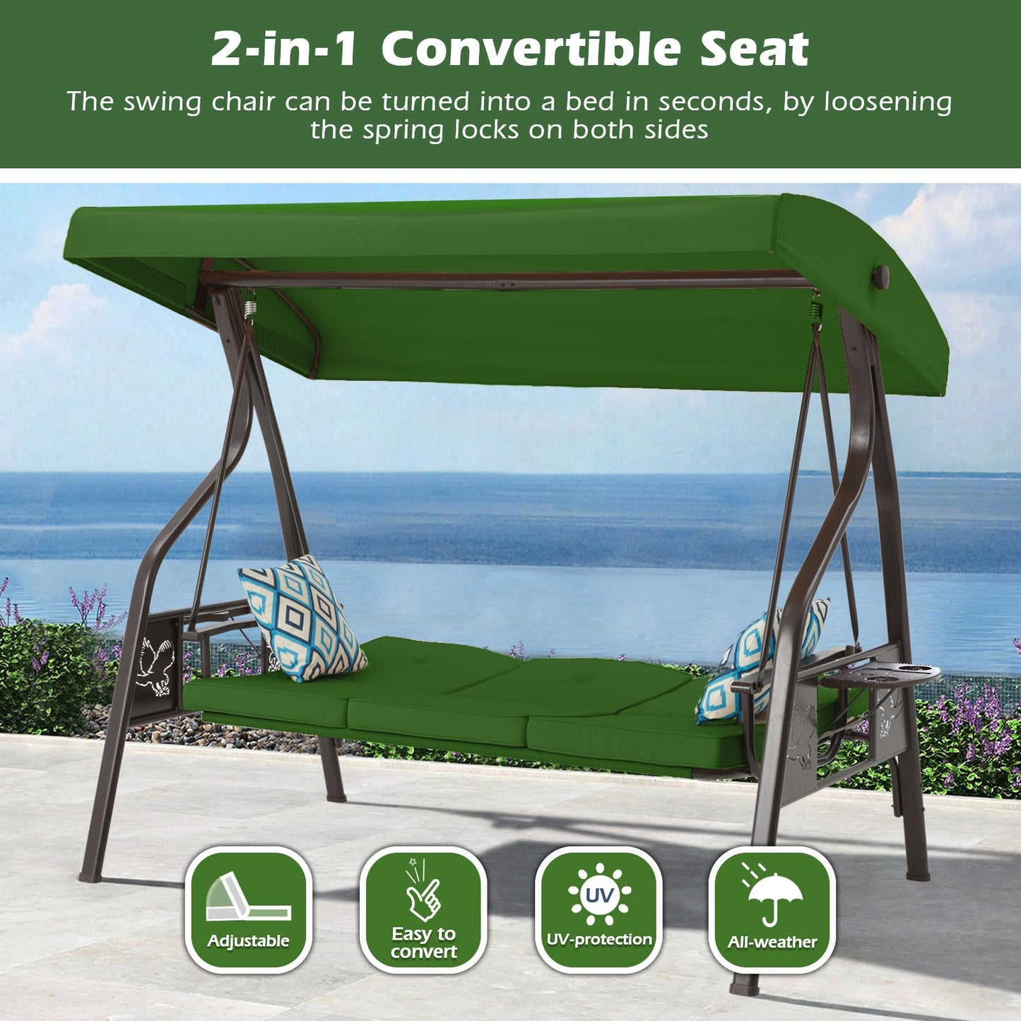 ZZW 3-Seat Outdoor Porch Swing with Stand Patio Swing with Canopy 2 in 1 Porch Swing Bed & Patio Swing Chair for Adult w/Extra Pillows and Cup Holder for Yard(Green)