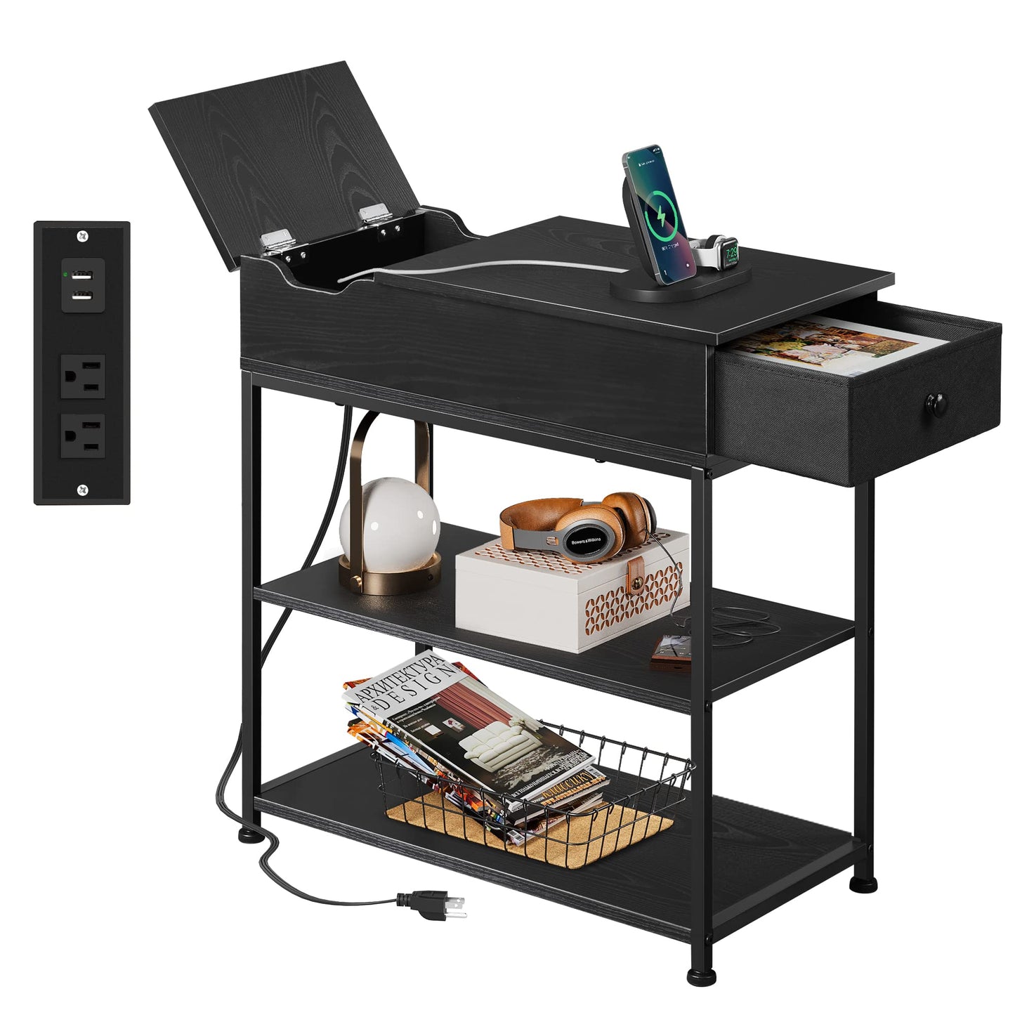 WLIVE Narrow Side Table with 2 USB Ports and 2 Outlets, Flip Top End Table with Drawer and Storage Shelves, End Stand with Charging Station for Living Room, Bedroom, Small Spaces,Black