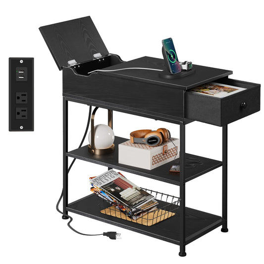 WLIVE Narrow Side Table with 2 USB Ports and 2 Outlets, Flip Top End Table with Drawer and Storage Shelves, End Stand with Charging Station for Living Room, Bedroom, Small Spaces,Black