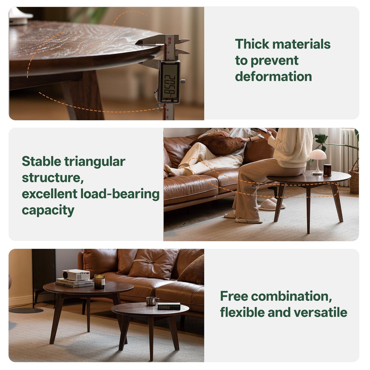 Vadisun 100% Solid Oak Wood Mini Coffee Table, Round Living Room Table Side Table w/Solid Wood Legs, Walnut Mid Century Sturdy Tables for Bedroom Balcony Living Room (23.62" D x 13.78" H)