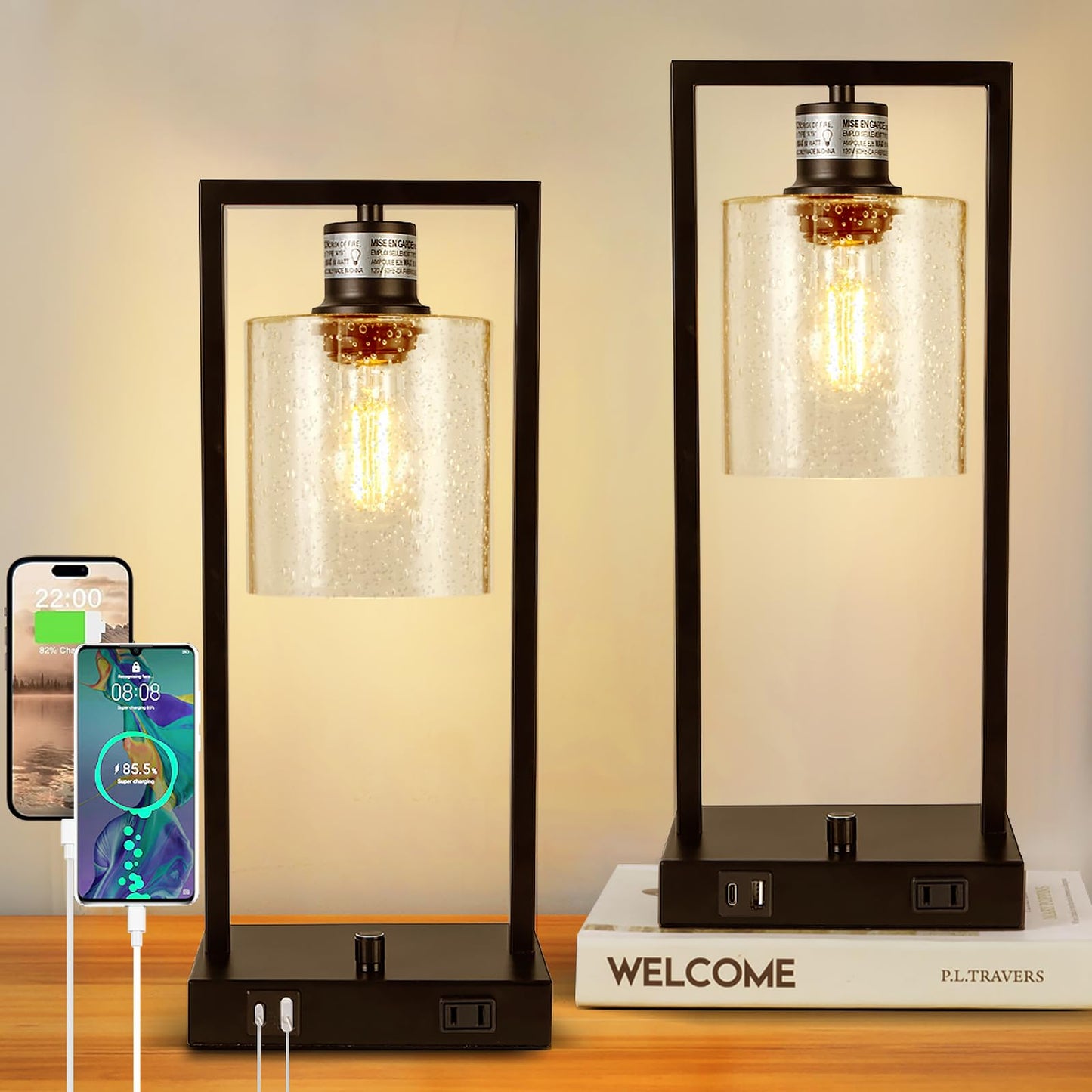 Vikdio 16" Set of 2 Industrial Table Lamps with USB A+C Charging Ports and AC Outlet, Fully Stepless Dimmable Bedside Lamps with Seeded Glass Shade for Bedroom Living Room Office, LED Bulbs Included