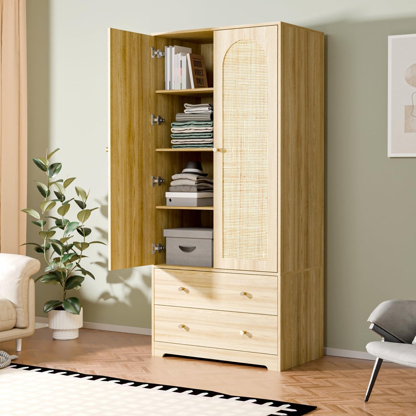 VINGLI Wardrobe Closet with Doors, Rattan Armoire Wardrobe Closet with Drawers & Hanging Rod, Wooden Armoire for Hanging Clothes, Natural Oak, 68.9" H
