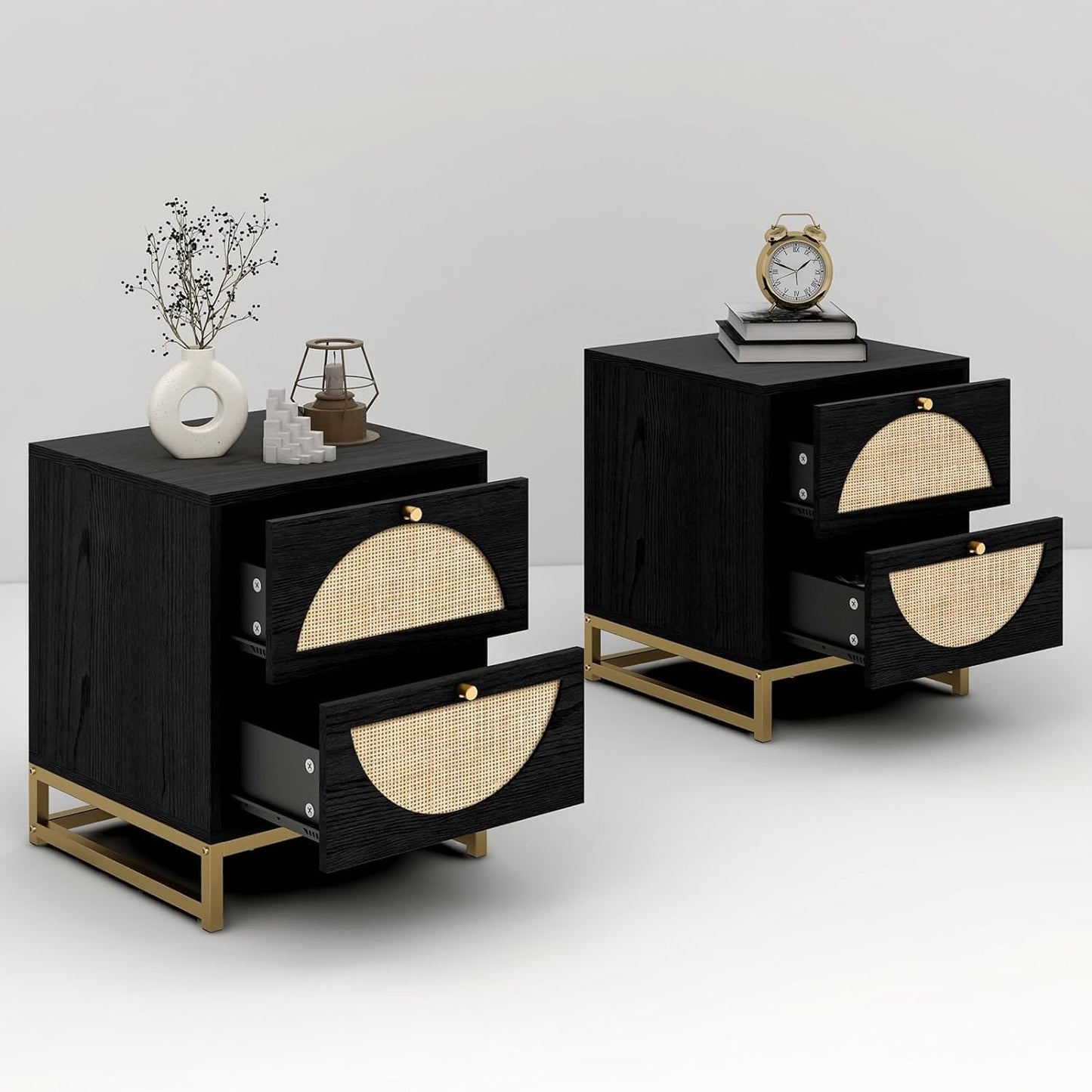 vistavie Rattan Nightstand with 2 Drawers, Wooden End Table Rattan Weaving Bedside Table Accent,Rustic Side Table Night Stand with Storage,for Living Room Bedroom (Black, Set of 2)