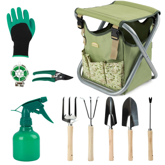 12 pcs Garden Tools Stool, Gardening Hand Tools Set with Folding Chair Seat and Garden Storage Tote Bag, Garden Tools Carrier, Digging, Gardening Gifts Set for Mom/Dad and Gardeners. Green