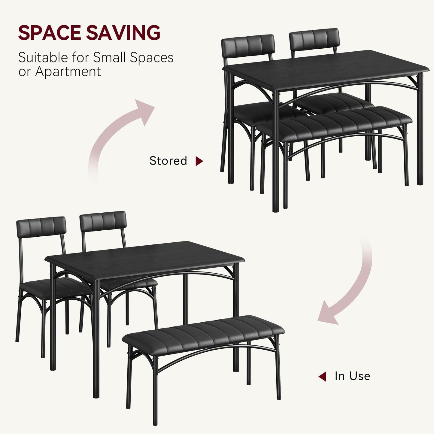 TROPOW Dining Table Set for 4, Kitchen Table and 2 Chairs & 1 Bench with Upholstered, 4 PCS Dining Table Set for Small Space, Apartment Home Kitchen