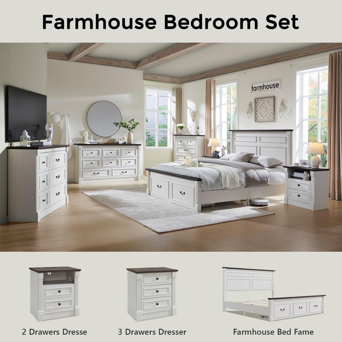 26" Tall Farmhouse Nightstand Set of 2, 2 Drawers End Table w/Charging Station, 23.6" Wide Large Side Table w/Roman Column, Wood Rustic Sofa Table w/Open Shlef, Bedside Table for Bedroom, White