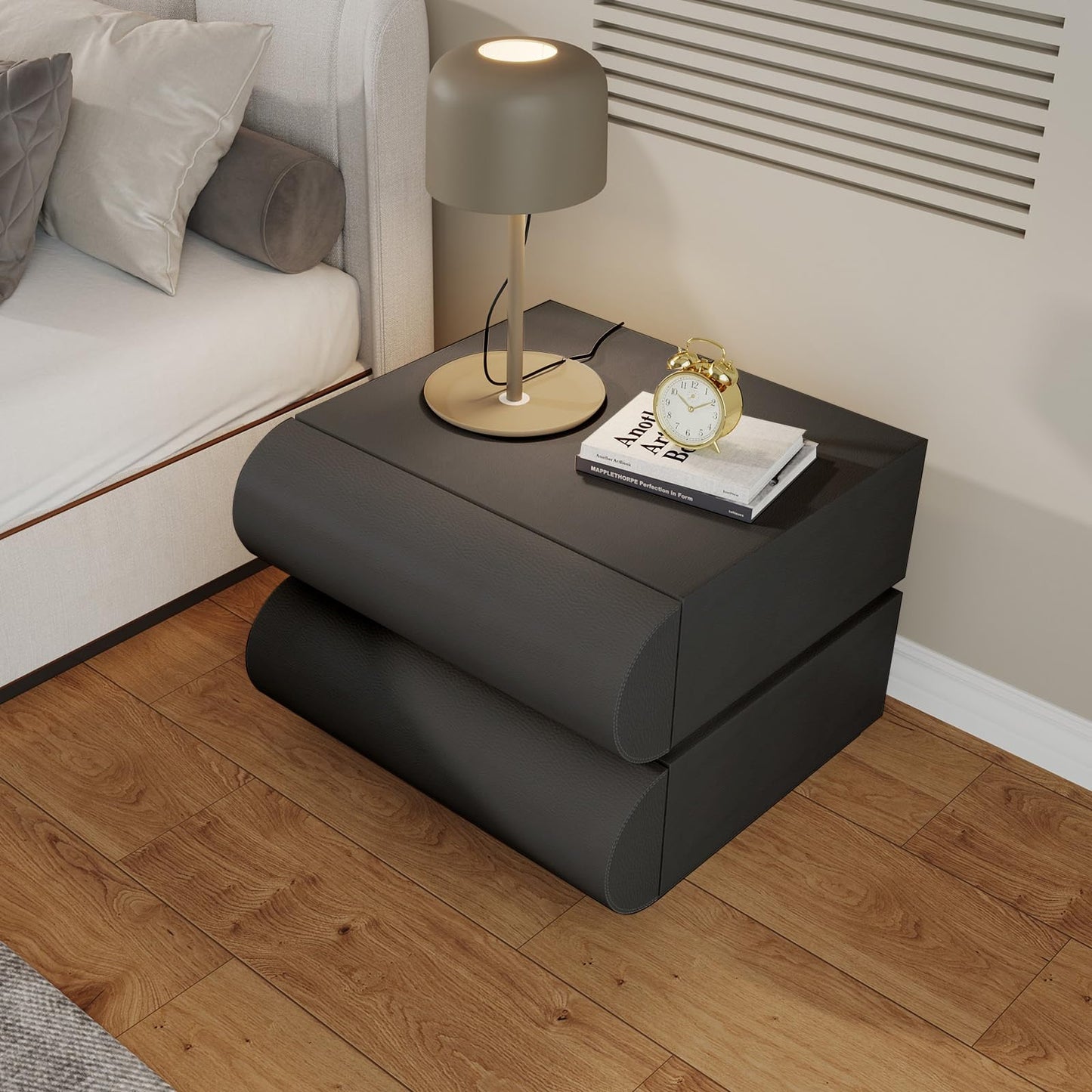 IKuinen Nightstand, Minimalist Bedside Table with 2 Solid Wood Drawer, Night Stands with Microfiber Leather, End Table for Bedroom-Black