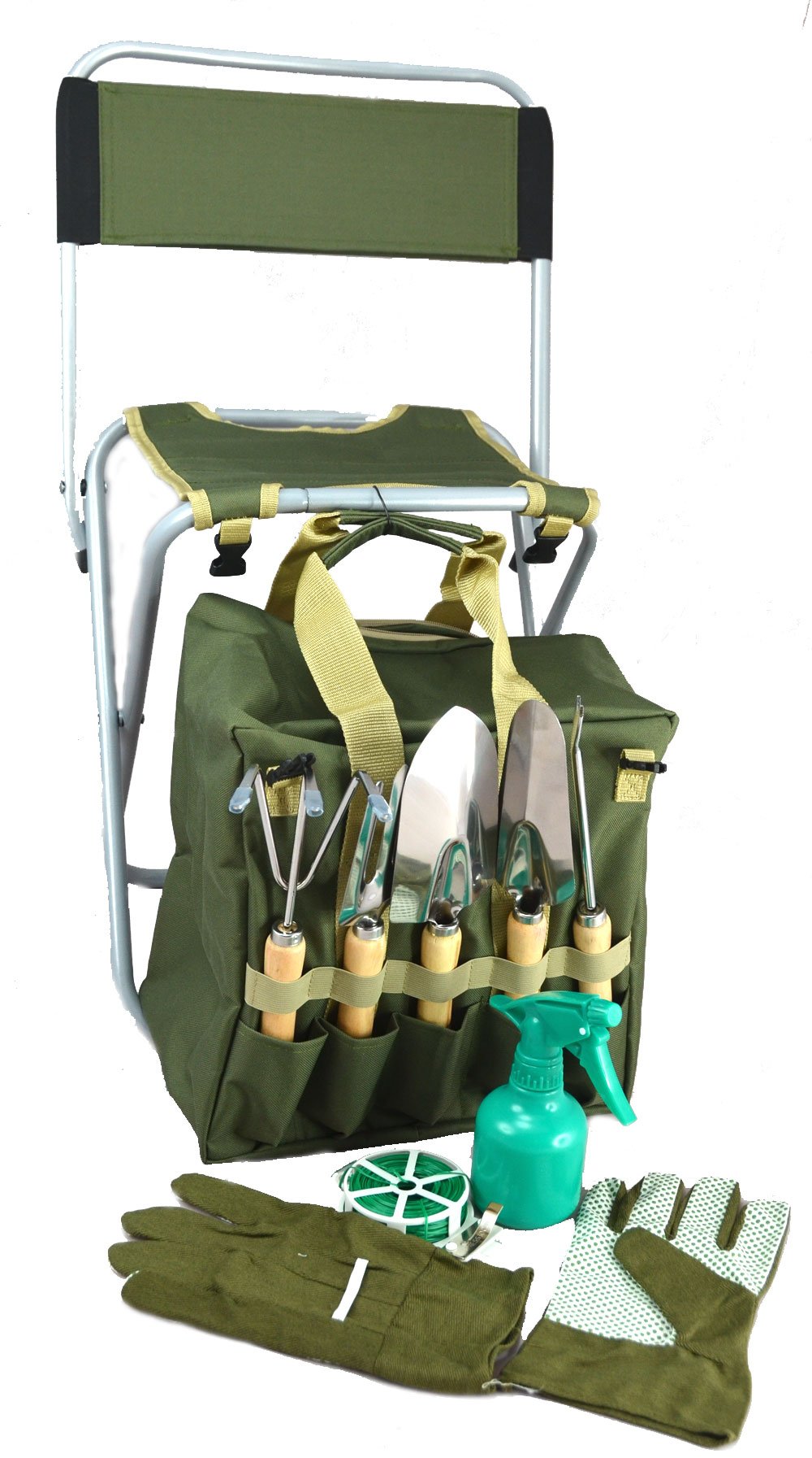 10-Piece Gardening Tool Set with Zippered Detachable Tote and Folding Stool Seat with Backrest