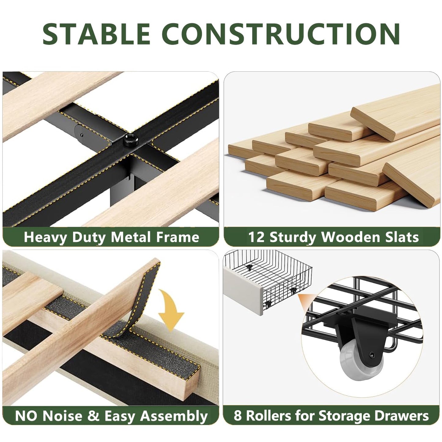 viplov Queen Bed Frame with Headboard and Storage, Platform Bed Frame with 2 Drawers, Upholstered Bed Frame with Storage, Built-in Charging Station, No Box Spring Needed, No-Noise, Beige