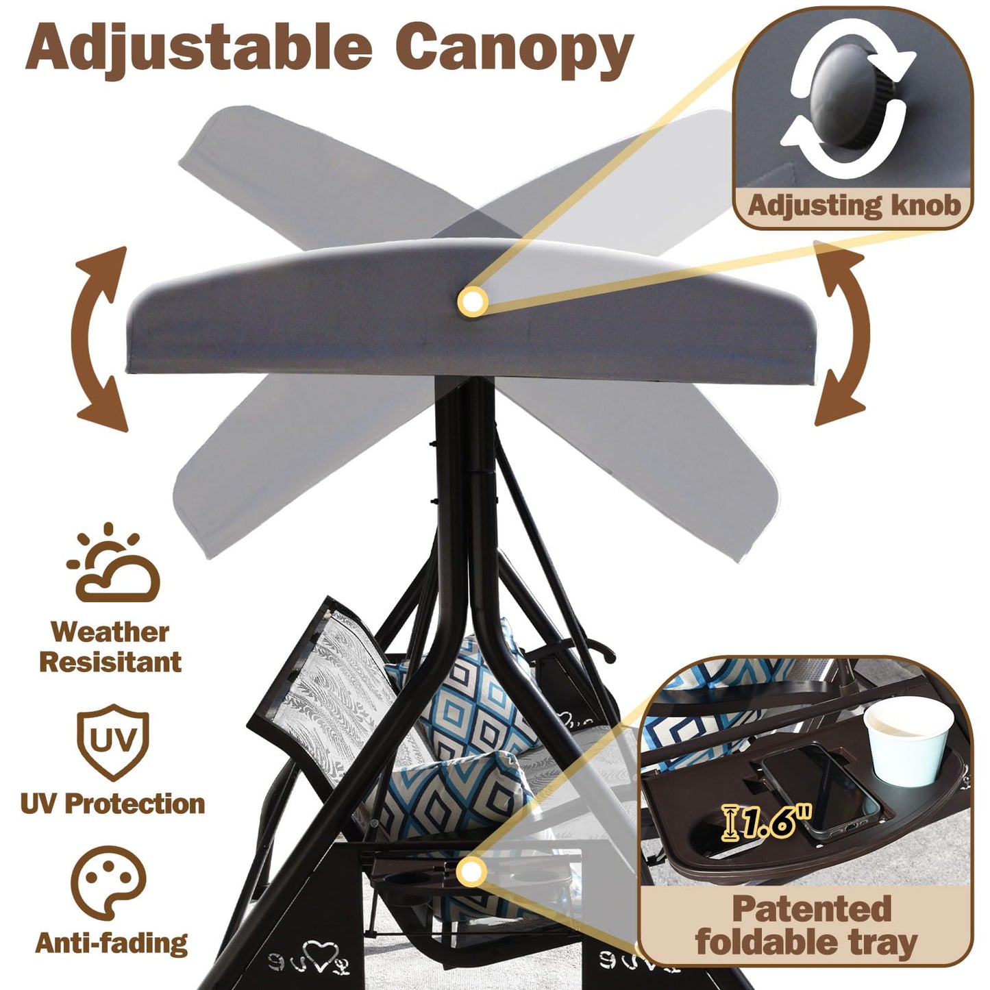 ZZW 3 Person Patio Swing Outdoor Swing for Adults with Adjustable Canopy &Upgraded Cup Holders Textilene Fabric Porch Swing Chair with Stand Heavy Duty 800 LBS