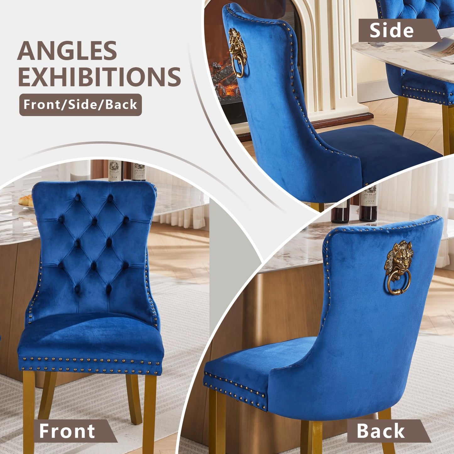 Velvet Dining Chairs Set of 4, Modern Tufted Dining Room Chair, Upholstered Dining Chairs with Lion Head Pulls Ring and Golden Solid Wood Legs, Luxury Kitchen Chairs for Dining Room, Blue