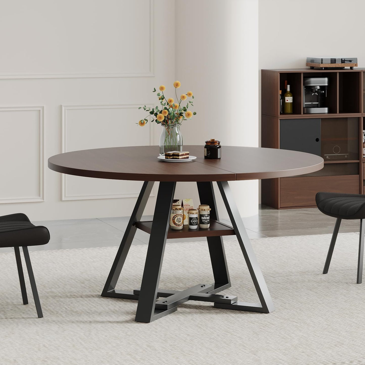 45.3" Walnut Round Dining Table Set with 4 Chairs – Mid-Century Modern Small-Space Kitchen & Dining Room Furniture for Apartment or Breakfast Nook (Walnut – Storage Table + 4 Black Chairs)