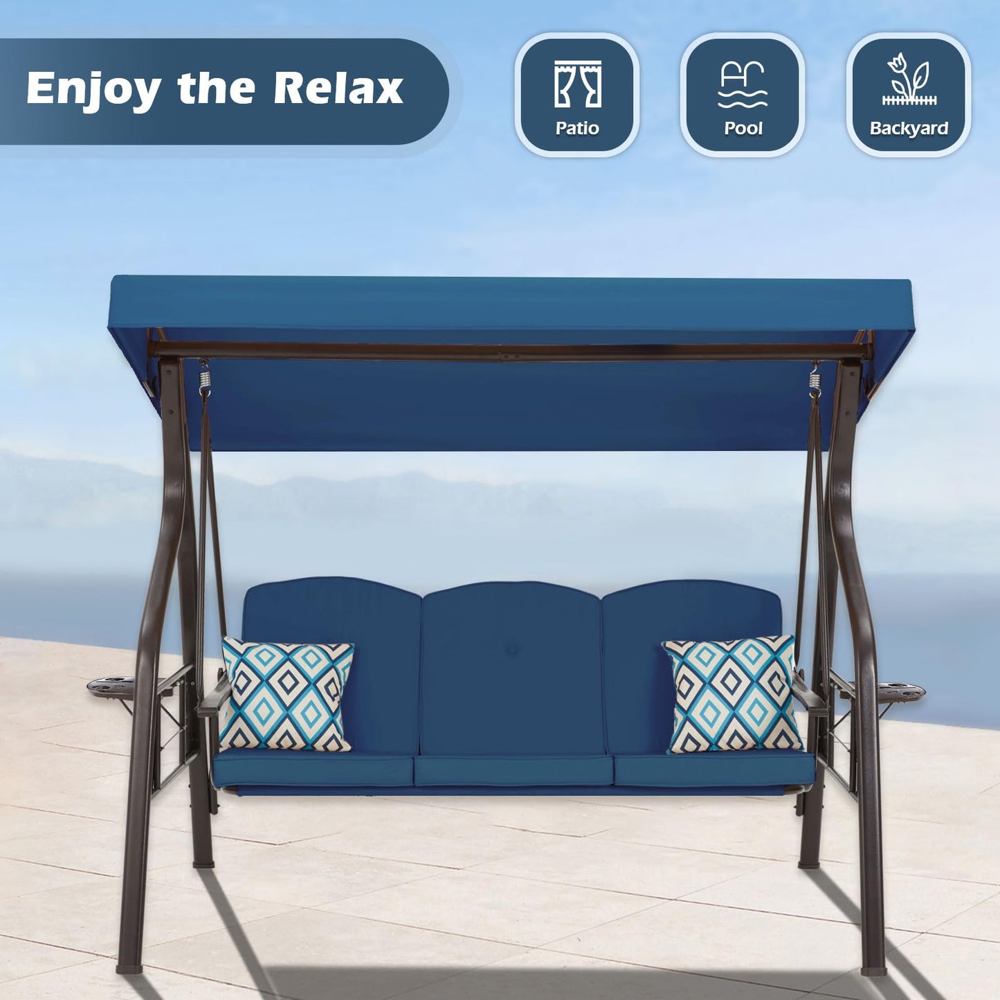 ZZW 3-Seat Outdoor Porch Swing with Stand, Patio Swing with Canopy, 2 in 1 Porch Swing Bed & Patio Swing Chair for Adult w/Extra Pillows and Cup Holder for Yard (Blue)