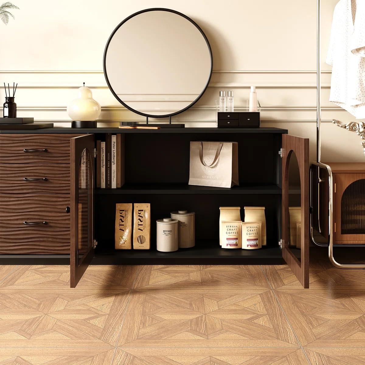 Trroec Adjustable L-Shaped Corner Table with 3 Drawers and 2 Glass Cabinet Doors Length 65.75"-94.48" Expandable Wooden Vanity and Desk Combo Side Storage for Bedroom Dressing Room Study