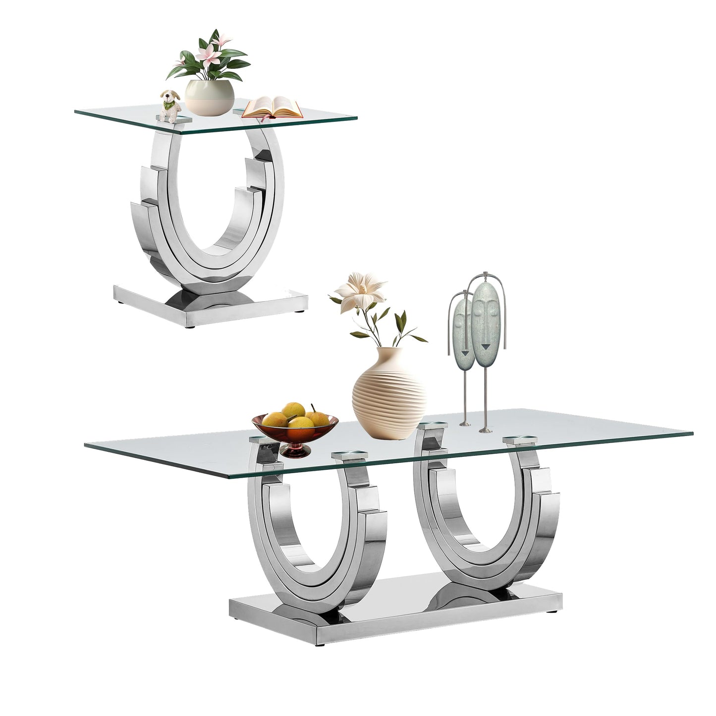 2 Pieces Glass Coffee Table Set,55" Rectangle Coffee Table with 1 Square End Side Table, Modern Silver Living Room Coffee Table Set w/Geometric Stainless Steel Base for Living Room,Apartment