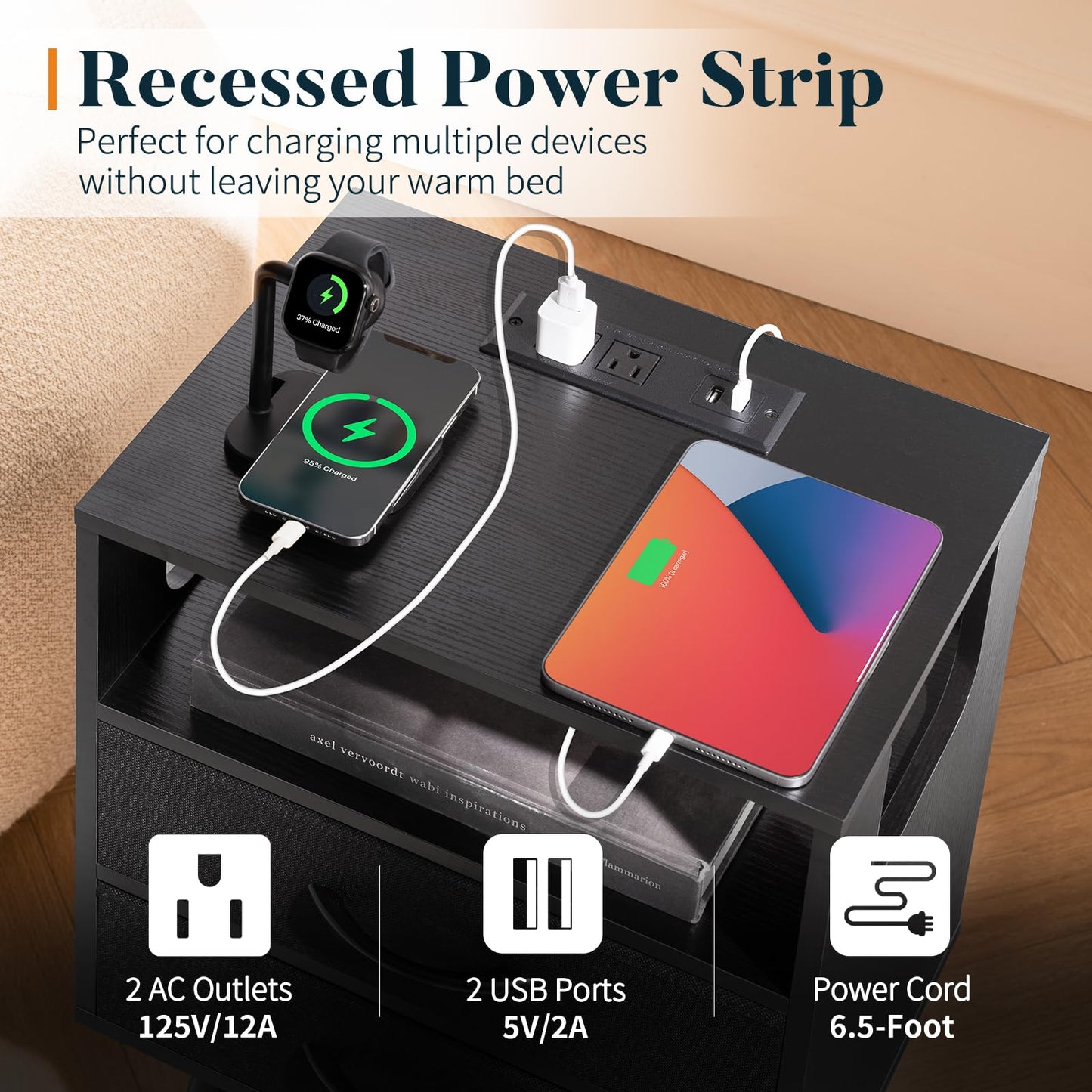 Yoobure LED Night Stand with Charger Station, Mid Century Modern Nightstand with Fabric Drawers, Bedside Table Nightstands with Storage Shelf, Bed Side Table Small Night Stands for Bedroom Living Room