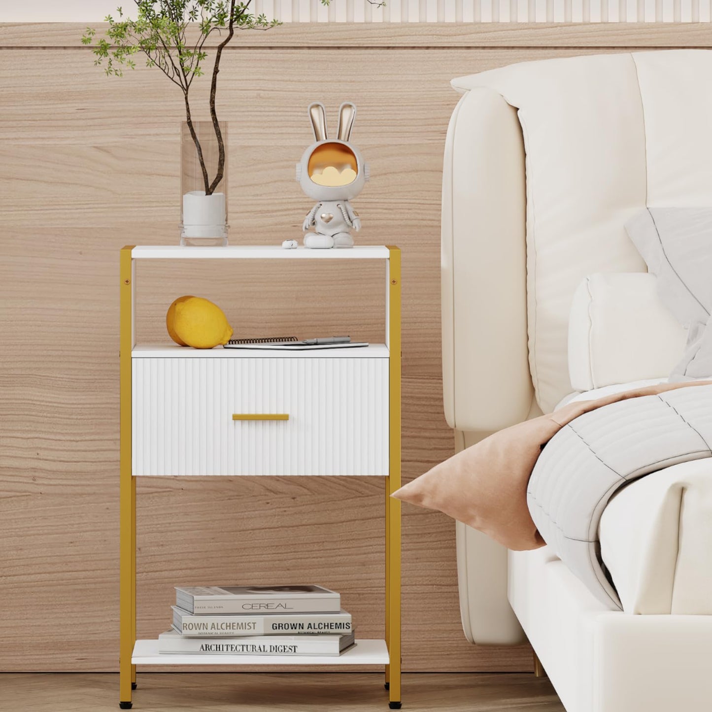 Veegle Fluted Nightstand, Modern Side Table with Drawer, White and Gold Bedside Table with Open Shelves for Living Room, Bedroom