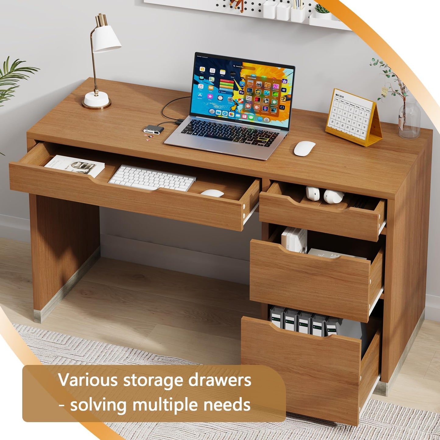 MaverickFurni 52 Inch Desk with 4 Drawers, Small Computer Desk for Small Space, Home Office Desk with Storage File Cabinet for Bedroom, Brown