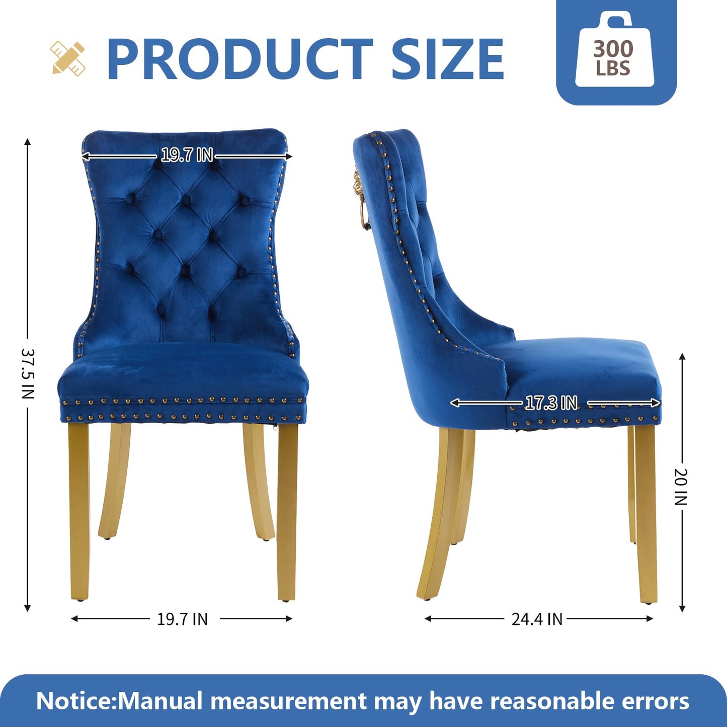 Velvet Dining Chairs Set of 4, Modern Tufted Dining Room Chair, Upholstered Dining Chairs with Lion Head Pulls Ring and Golden Solid Wood Legs, Luxury Kitchen Chairs for Dining Room, Blue