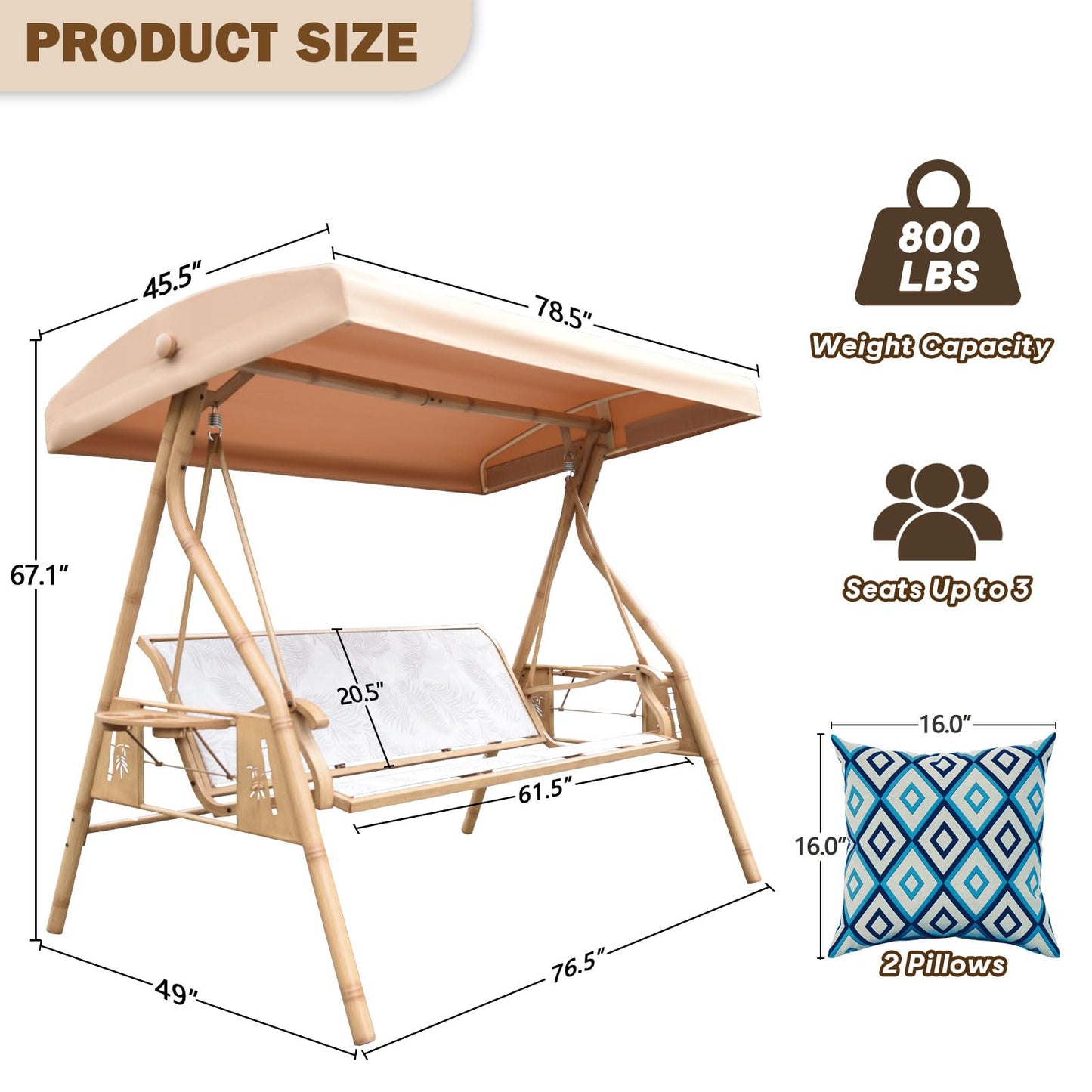 ZZW 3 Person Patio Swing Outdoor Swing for Adults with Adjustable Canopy &Upgraded Cup Holders Textilene Fabric Porch Swing Chair with Stand Heavy Duty 800 LBS