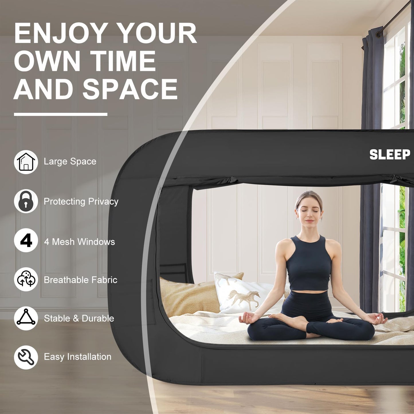 Bed Canopy Bed Tent Dream Tents Privacy Space Twin Size Sleeping Tents Indoor Pop Up Portable Frame Curtains Breathable with Mosquito Mesh Window for Kids and Adult (Mattress Not Included) Black