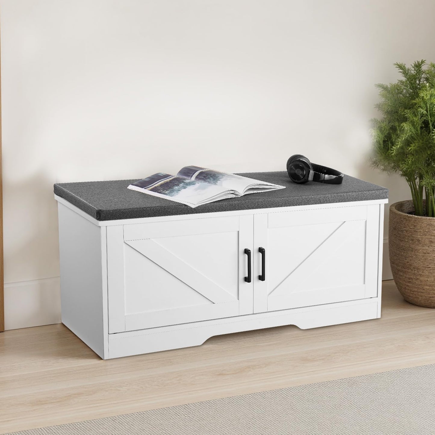 VEVOR Shoe Storage Bench with Padded Cushion & 2 Barn Doors, Entryway Bench 39.4 x 14.0 x 18.1 Inches, for Entryway, Hallway, Living Room, Bedroom