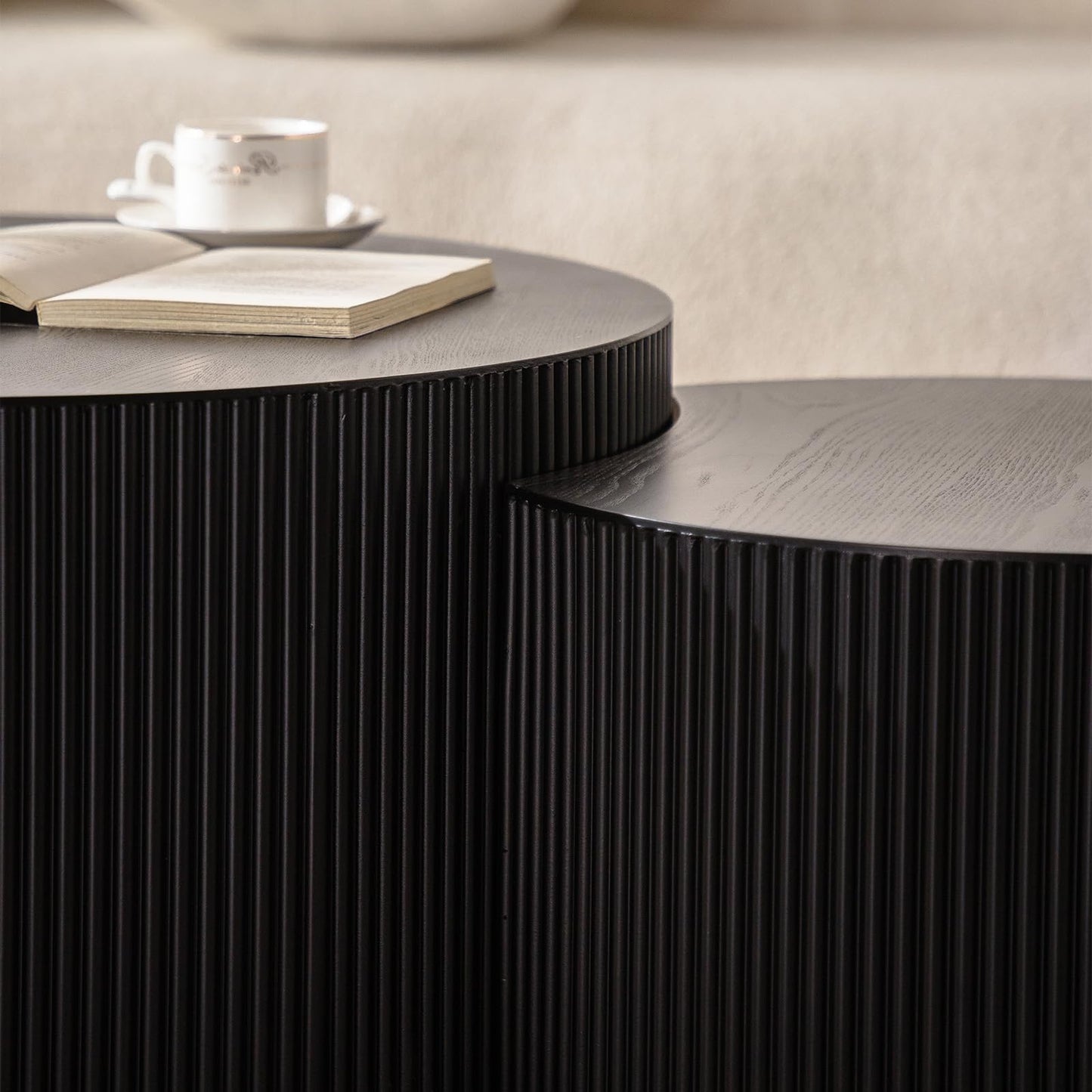 WUPDPQS Round Nesting Coffee Table Black Round Fluted Coffee Table Set of 2 for Living Room Small Circle Drum Coffee Tables Crescent End Table (Black B 27in)