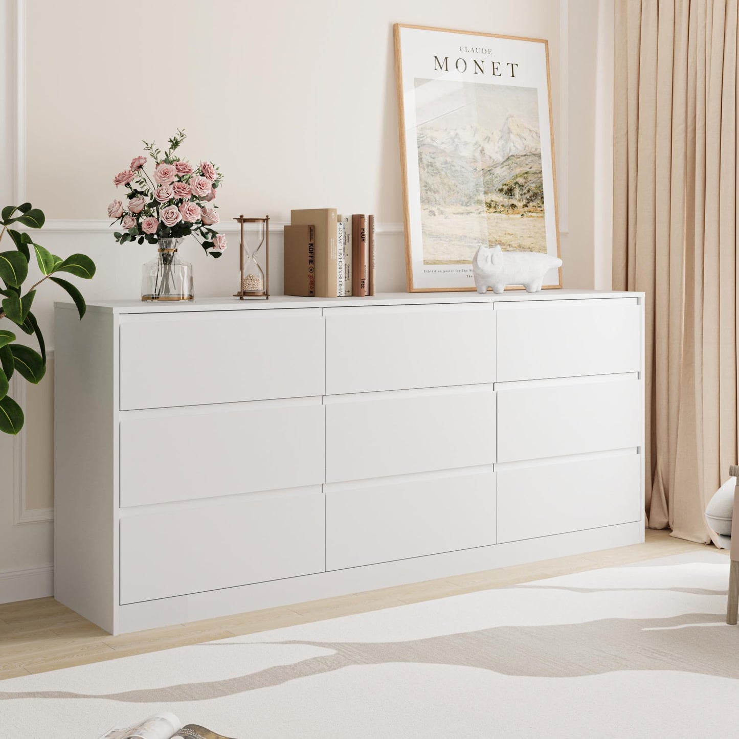 70.9” Dresser for Bedroom with 9 Drawers, Large Modern Chest of Drawers with Deep Drawers, Wide Double Dresser Handle Free, Storage Organizer for Bedroom, Living Room, Hallway (White)