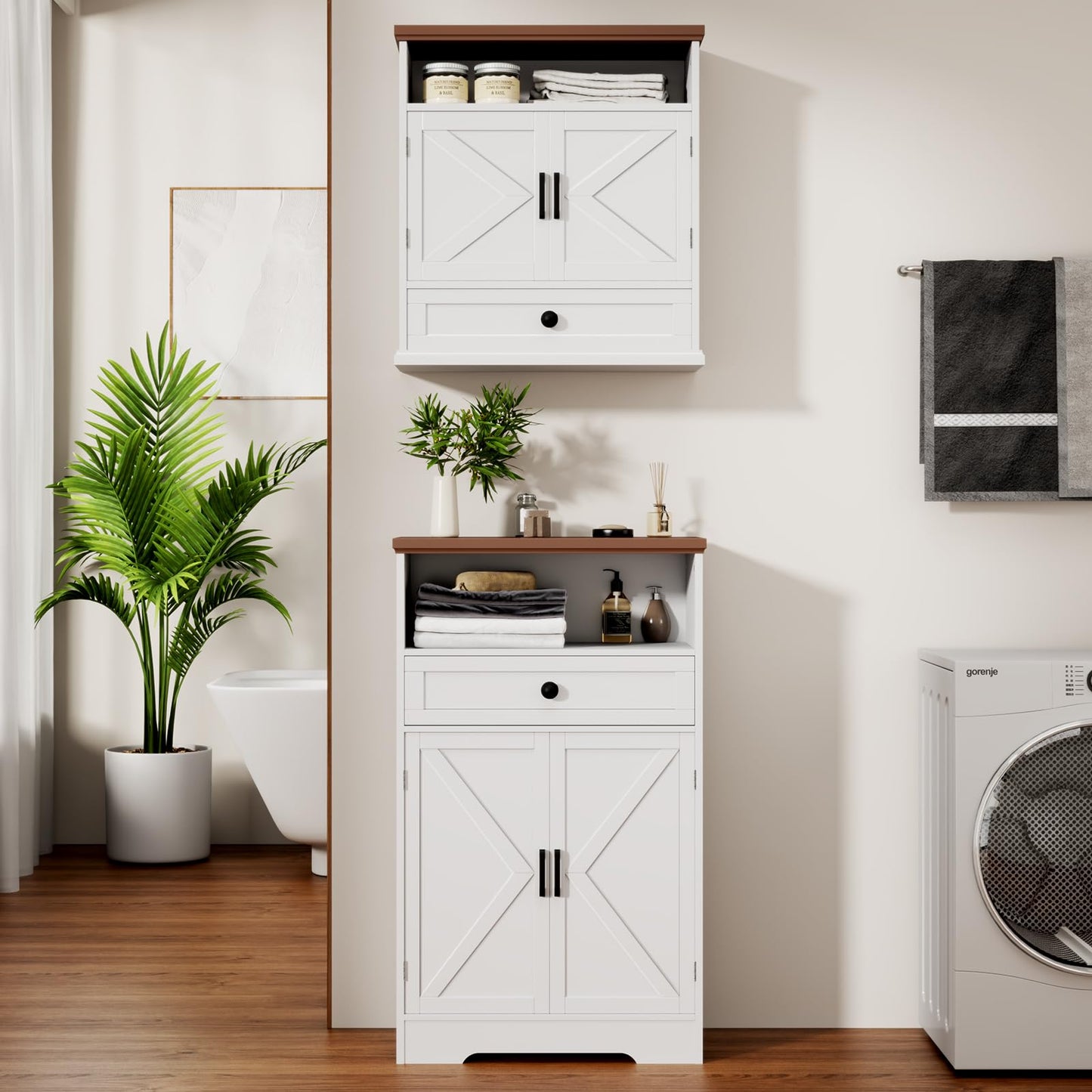 Viroformo White Floor Cabinet, Farmhouse Storage Cabinet with Barn Doors and Drawer, Freestanding Adjustable Shelf Cabinets for Bathroom, Kitchen, Living Room