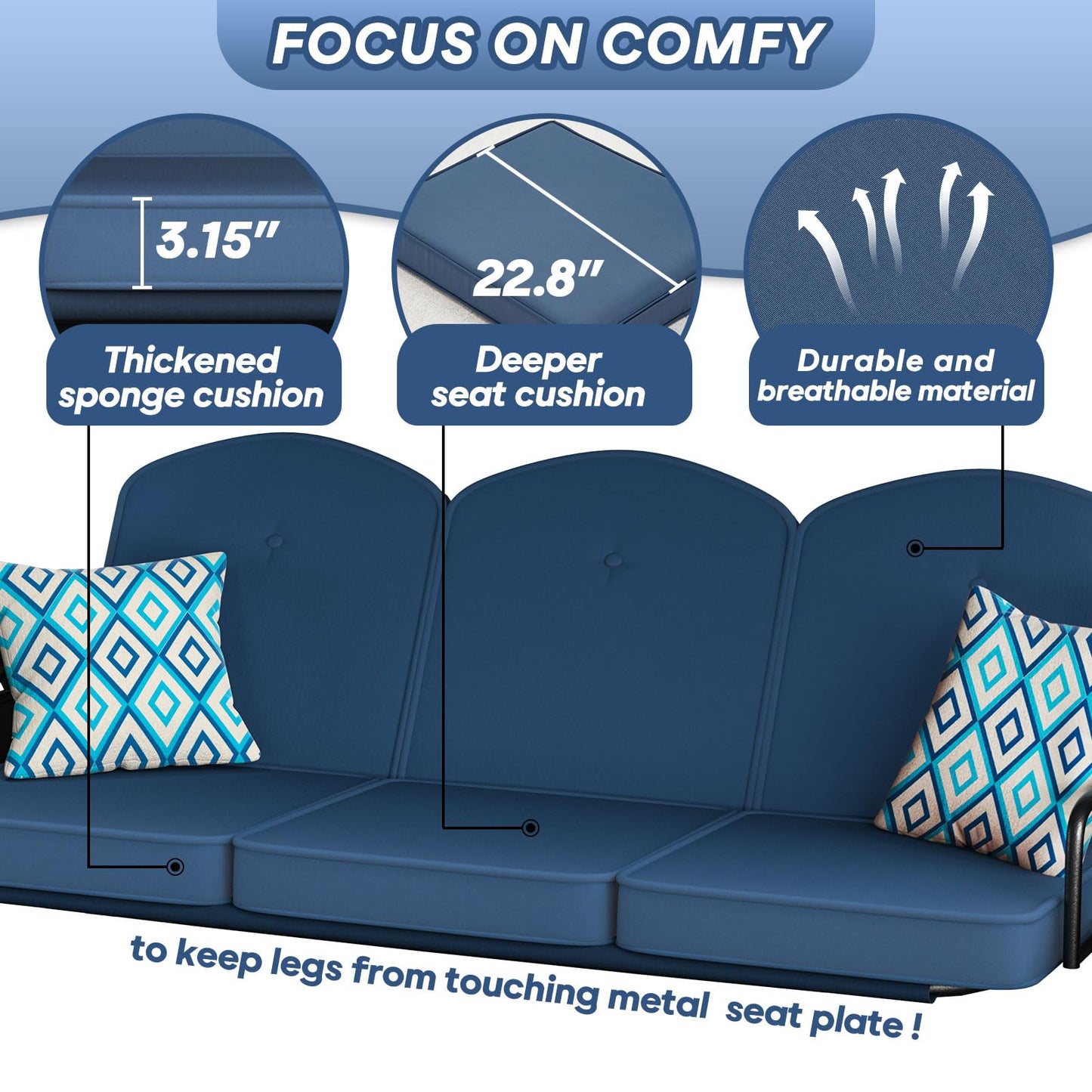 ZZW 3 Seat Outdoor Porch Patio Swing with Stand 800lbs 2-in-1 Convertible Swing Bed with Adjustable Canopy & Removable Cushion for Yard Garden Deck (Blue, Round Tube)