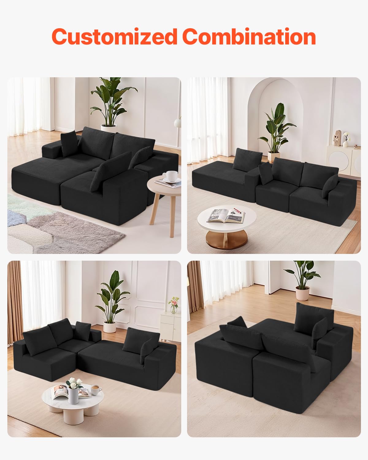 VEVOR Modular Sectional Sofa, Sectional Couch for Living Room, L Shaped Sofa with High Rebound Sponge, Cloud Couch with Cushion for Living Room, Apartment, Black