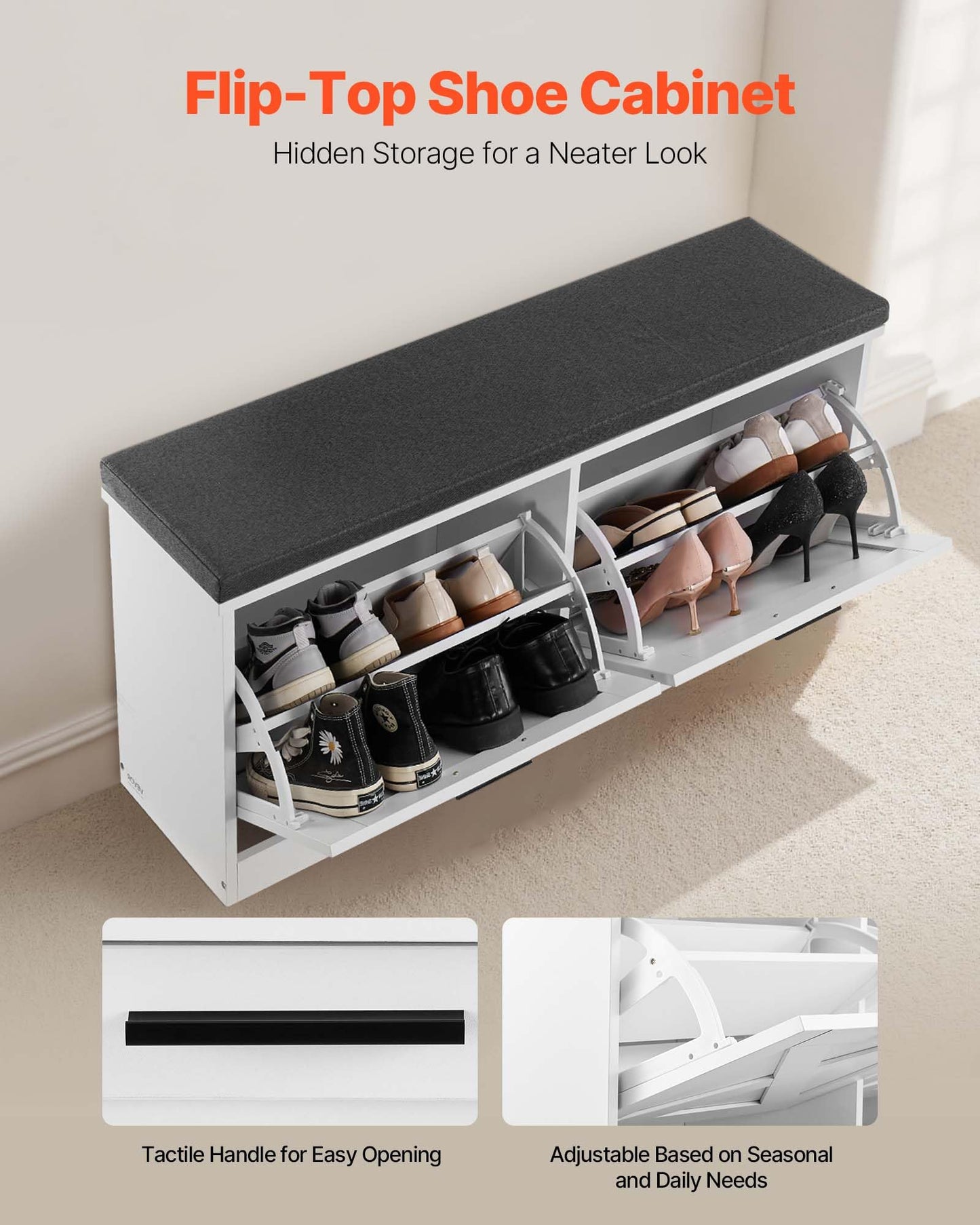 VEVOR Shoe Storage Bench with 2 Flip Drawers & Padded Cushion, Entryway Bench with Adjustable Shelves, Holds up to 440 lbs, 39.4 x 12.0 x 18.7 Inches, for Entryway, Hallway, Living Room, Bedroom