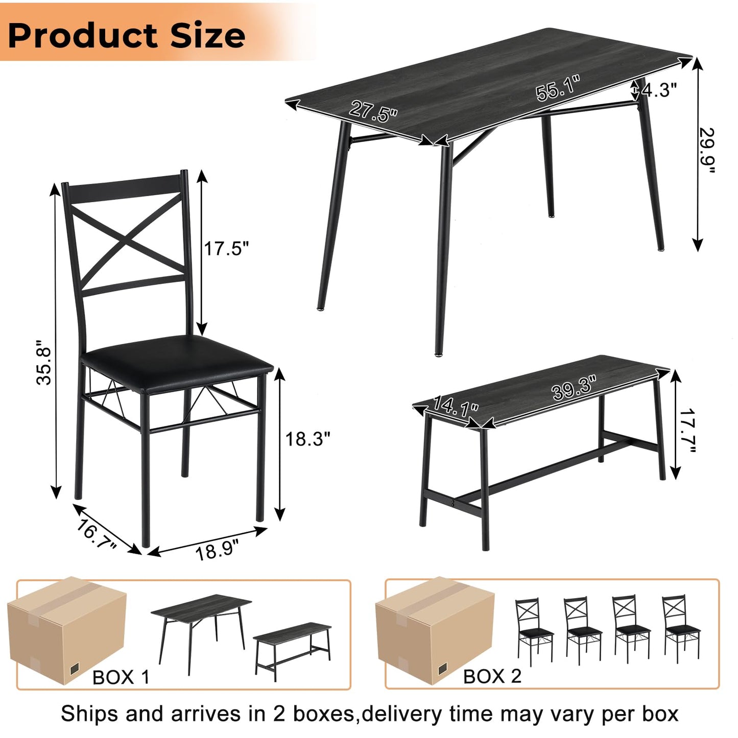 VINGLI Dining Table Set for 6,Farmhouse Rectangular Kitchen Dining Table,4 Chairs & Bench,Wooden Dinner Table Set with Upholstered Chairs for Kitchen, Dining Room, Apartment,Dark Grey,55in