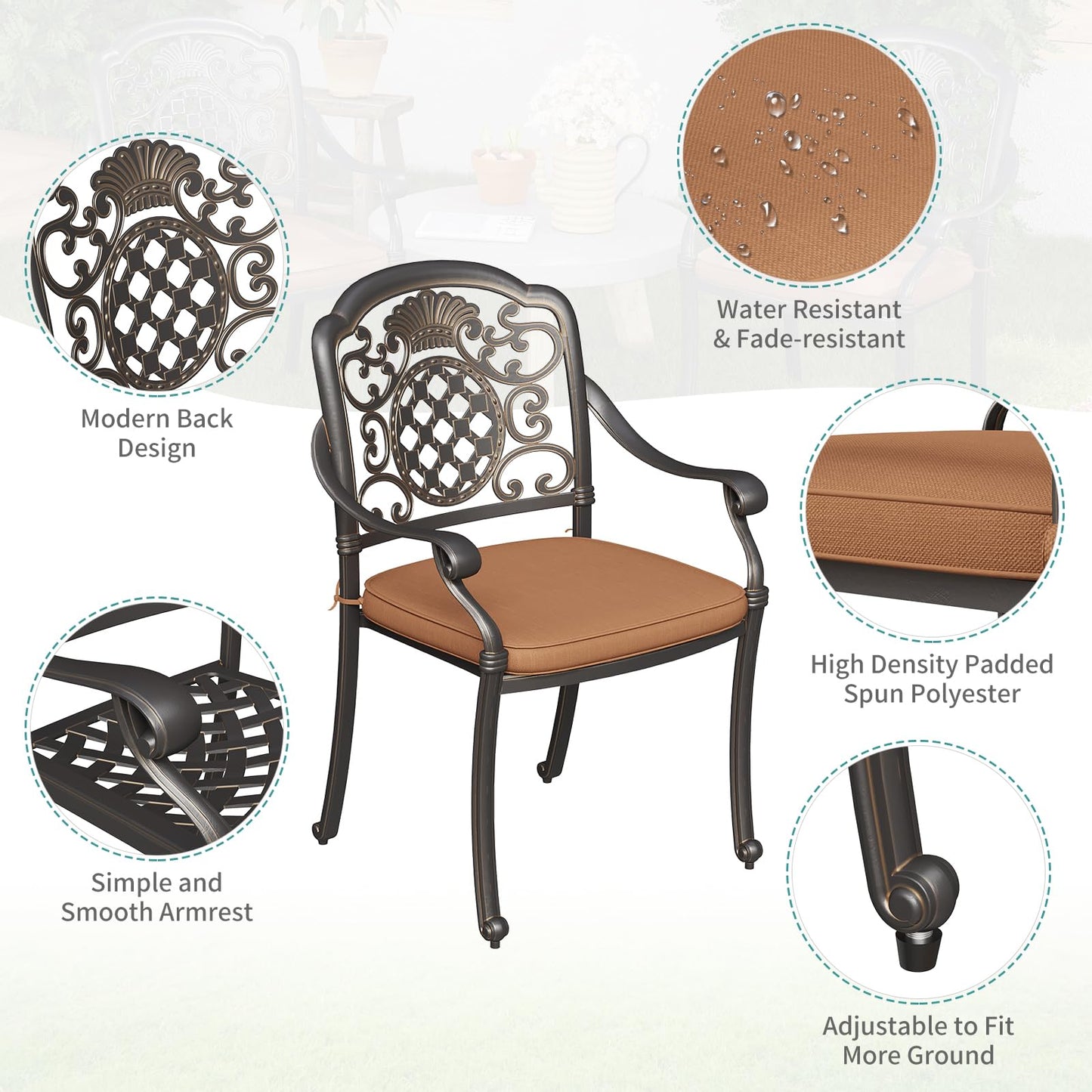 2 Piece Patio Dining Chairs with Cushions, Outdoor All-Weather Cast Aluminum Chairs, Patio Bistro Dining Chair Set of 2 for Garden Deck Backyard, Dark Bronze