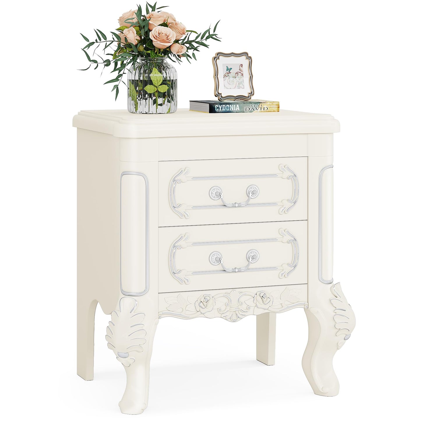 Tribesigns White Nightstand, End Table with 2 Drawers, Carved Bedside Tables, Side Table for Bedroom, Classic Bedroom Furniture, Night Stand White