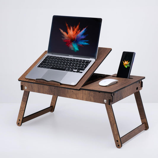 Vigo Wood Laptop Stand for Bed, Adjustable Laptop Lap Desk and Lap Tray with Built-in Storage, Foldable and Ergonomic Design for Reading, Writing, and Working (Walnut)