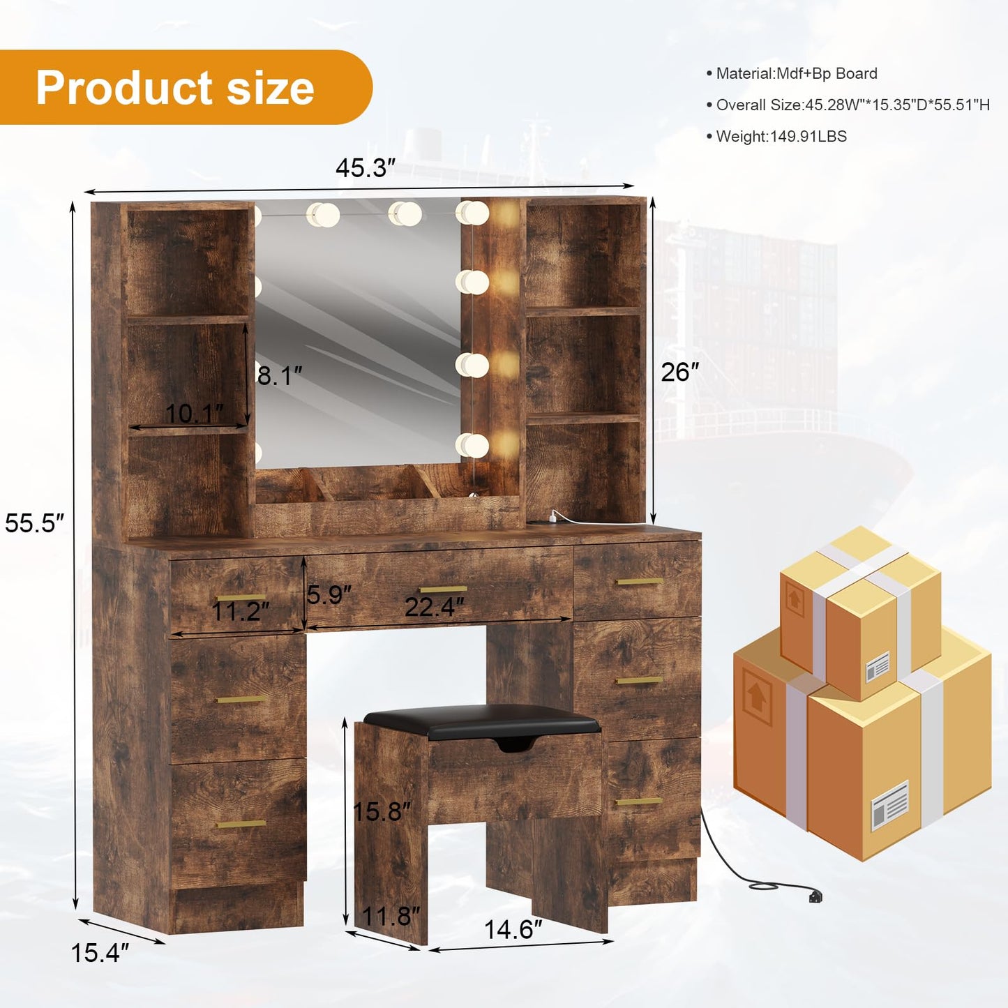 Garvee 56" Modern Vanity Set with LED Lighted Mirror,Farmhouse Makeup Vanity with Power Outlet&Storage Shelves,Bedroom Dressing Table for Women&Girls,3 Lighting Modes,Brightness Adjustable(Brown)