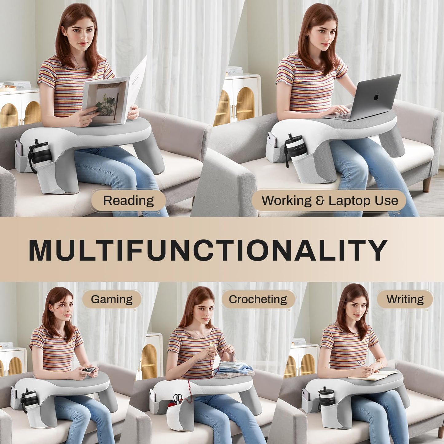 WOGAHEV Laptop Lap Desk, Reading Pillow for Bed, Memory Foam Arm Rest Support Gaming Pillow with Cup/Phone Pocket, Laptop Lap Desk for Working, Gaming, Reading on Couch Bed Floor- White