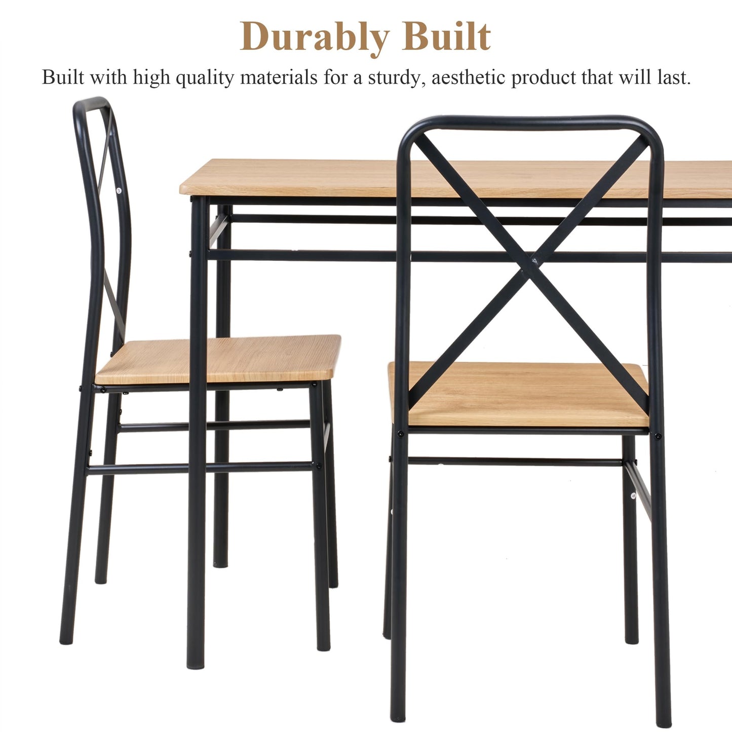 VECELO 5-Piece Kitchen Dining Table Set, Wood Tabletop & Heavy-Duty Metel Frame, Rectangle Dinette with 4 Chairs for Small Space, Breakfast Nook, Natural & Black