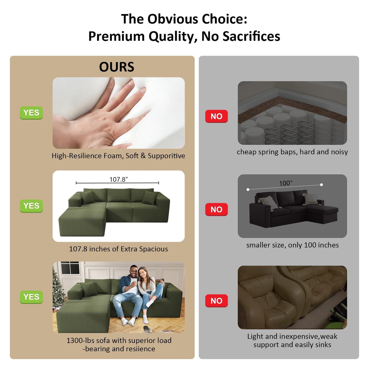 108" Cloud Sectional Couch with L-Shape Chaise,4 Seat Modern Modular Sofa with Deep Seat, Upholstered Couches for Living Room Bedroom, Sectional boneless couch with pillows,No Assembly Required(Green)