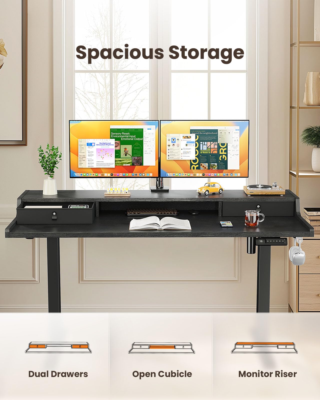 ErGear Electric Standing Desk with Drawers, 55″ x 28″ Gaming Table Compatible Monitor Stand, Stand up Desks, Home Office Height-Adjustable Desk with Storage Shelf, 4 Preset Heights, Black