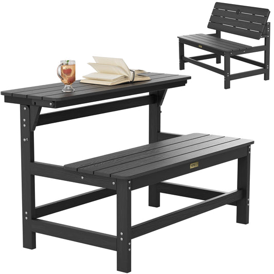 YEFU Convertible Bench Picnic Table: HIPS Convert a Bench with Umbrella Hole - Foldable Space-Saving Picnic Outdoor Benches for Outside Patio Porch Backyard Park Garden Black