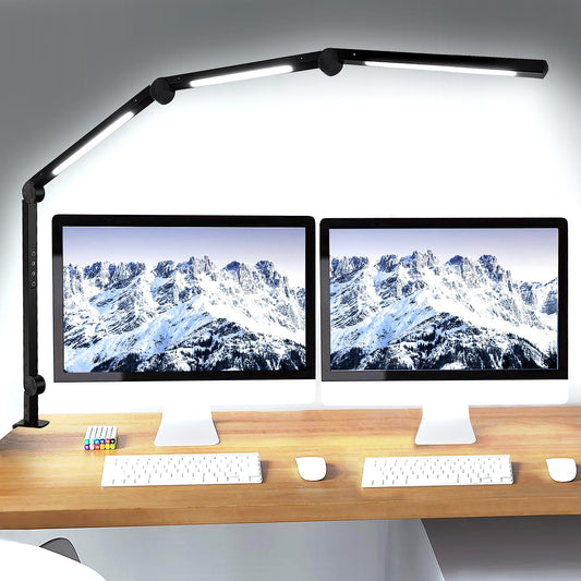 Vimeepro LED Desk Lamp with Clamp & Flexible Arm - 3 Light Sources, 4 Color Modes & 5 Brightness Levels, Eye-Caring Table Light with Memory Function