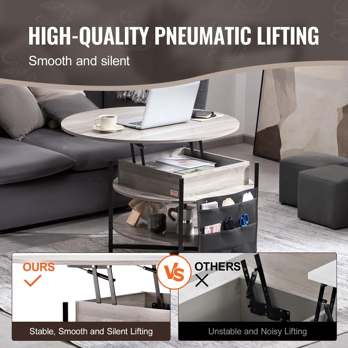 VEVOR Round Lift Top Coffee Table with LED Light, 35.43" Circle Coffee Table with Storage and Hidden Compartment, Farmhouse 2 Tier Large Dining Table for Living Room Reception Room, Wood, Gray