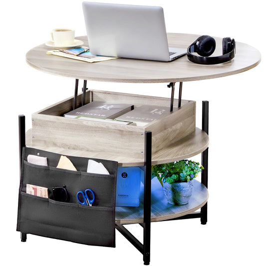 VEVOR Round Lift Top Coffee Table with LED Light, 35.43" Circle Coffee Table with Storage and Hidden Compartment, Farmhouse 2 Tier Large Dining Table for Living Room Reception Room, Wood, Gray