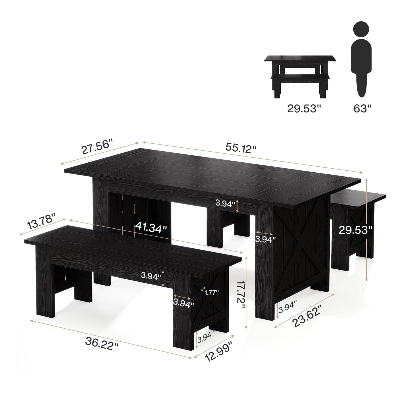 Tribesigns Farmhouse Dining Table Set for 4-6, 55-Inch Rectangle Kitchen Table with 2 Benches, 3-Piece Wooden Dinner Table for Dining Room, Kitchen, Small Space, Black