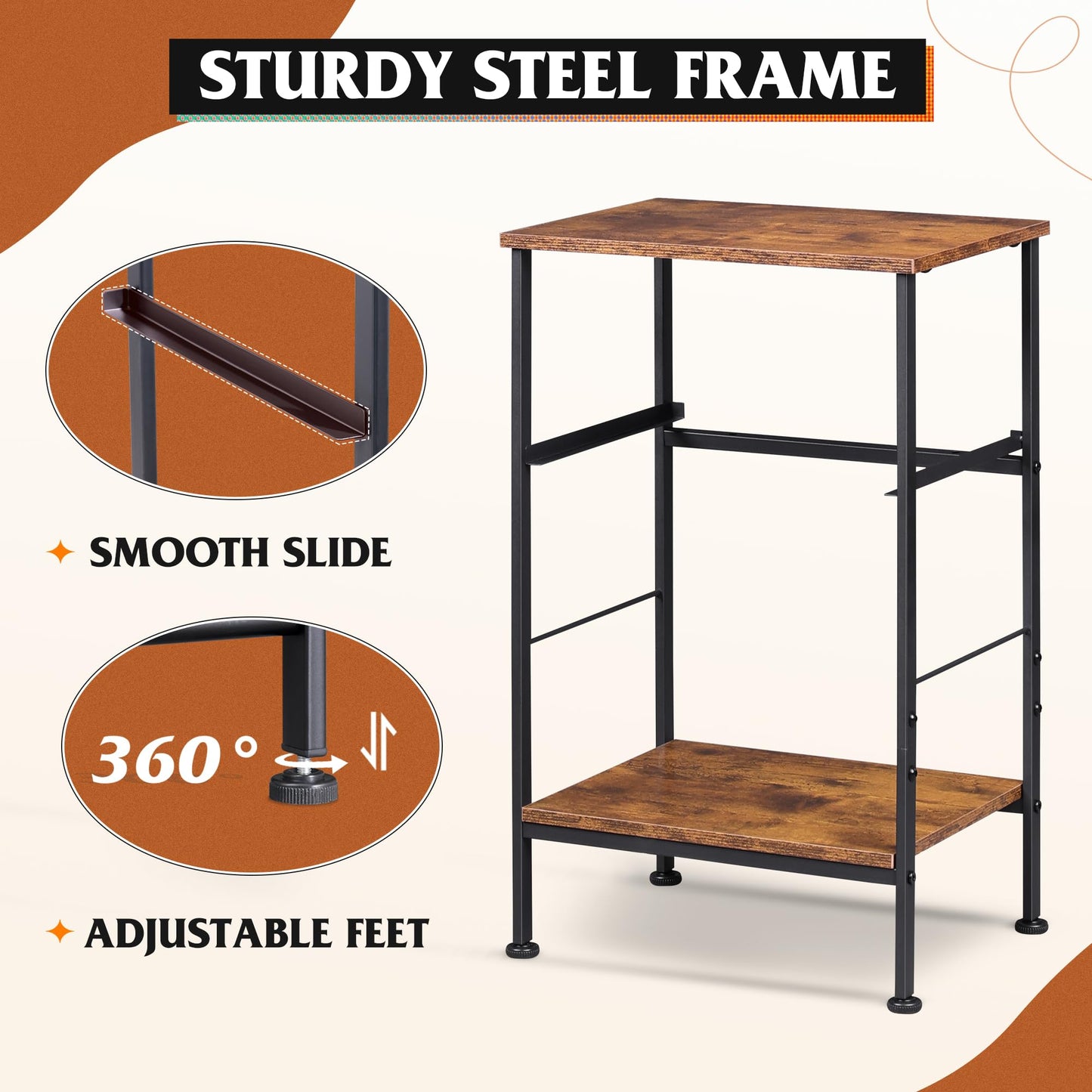 WLIVE Nightstand, End Table with Fabric Storage Drawer and Open Wood Shelf, Bedside Furniture with Steel Frame, Side Table for Bedroom, Dorm, Easy Assembly, Black and Rustic Brown, 25.0" Height